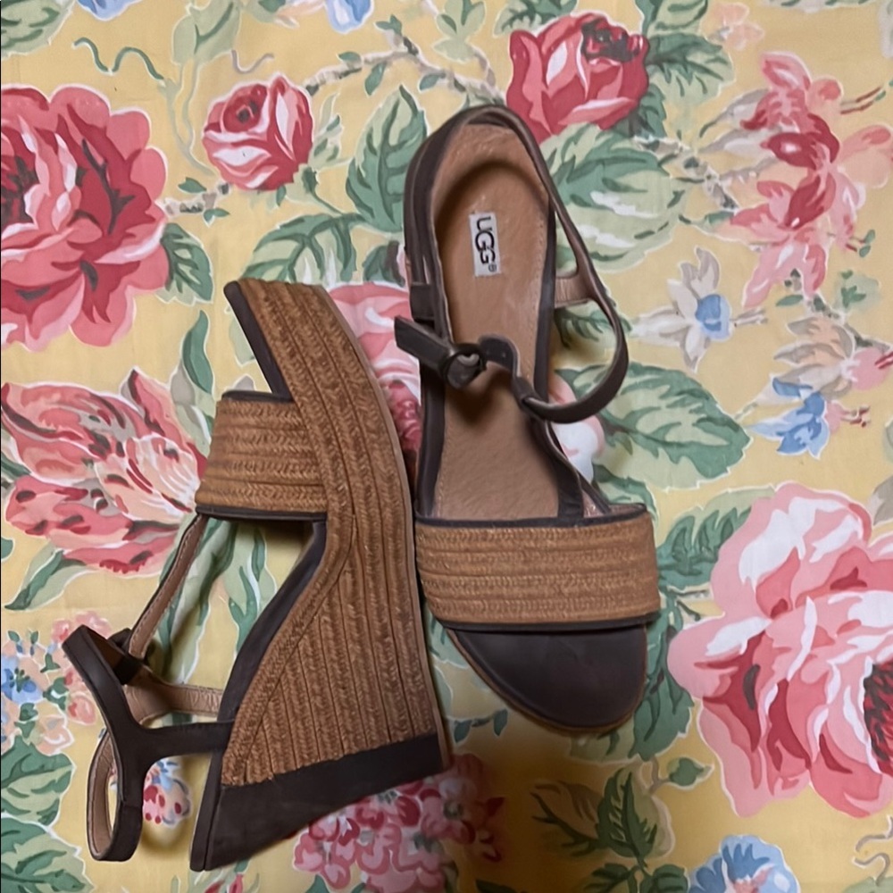 UGG Tan Wedge Sandals with Chunky Platform